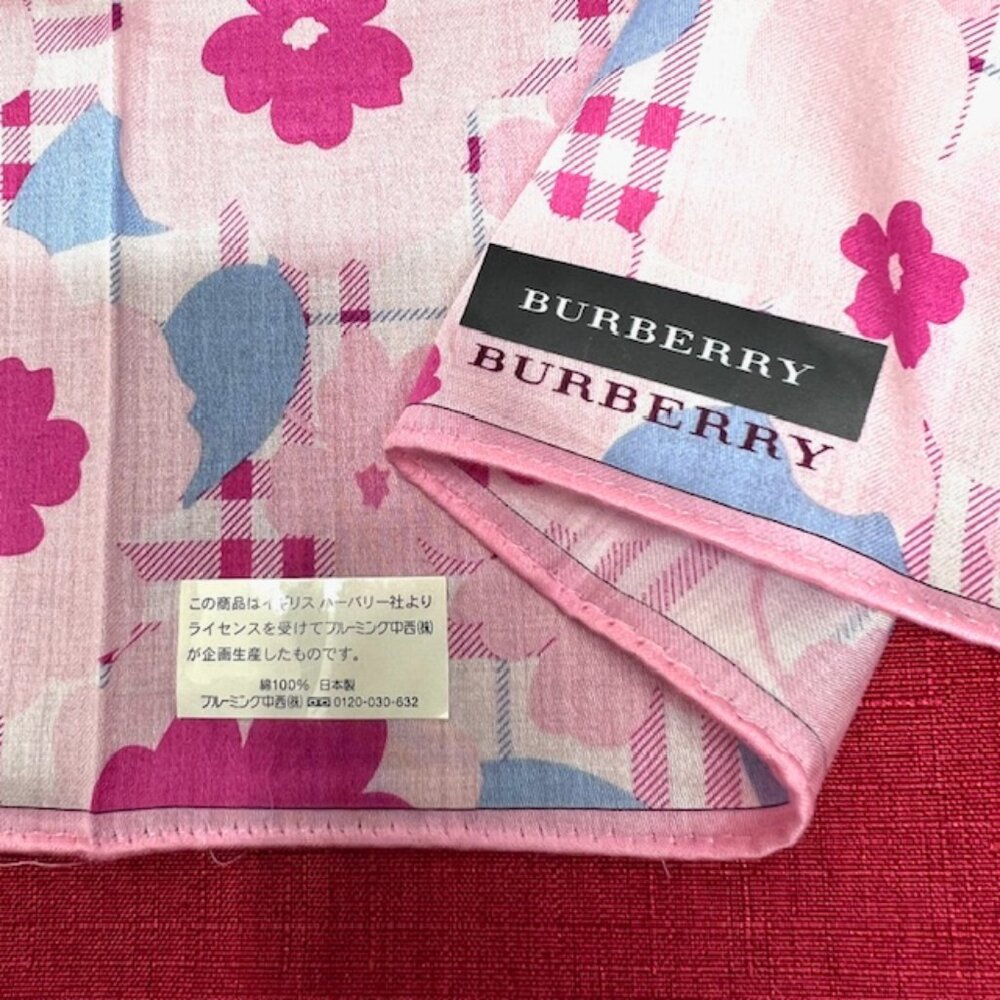 New Burberry Miniscarf/handkerchief 19. 5"cotton/silkpink blue floral check (32) - Picture 7 of 12
